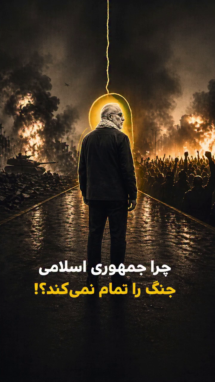 طرح گرافیکی از قالیباف در جاده‌ای میان تانک‌های جنگی و مردم معترض.